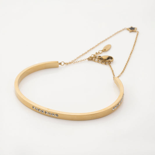 Elegant Gold-Plated Bangle Bracelet with Crystals and Adjustable Chain